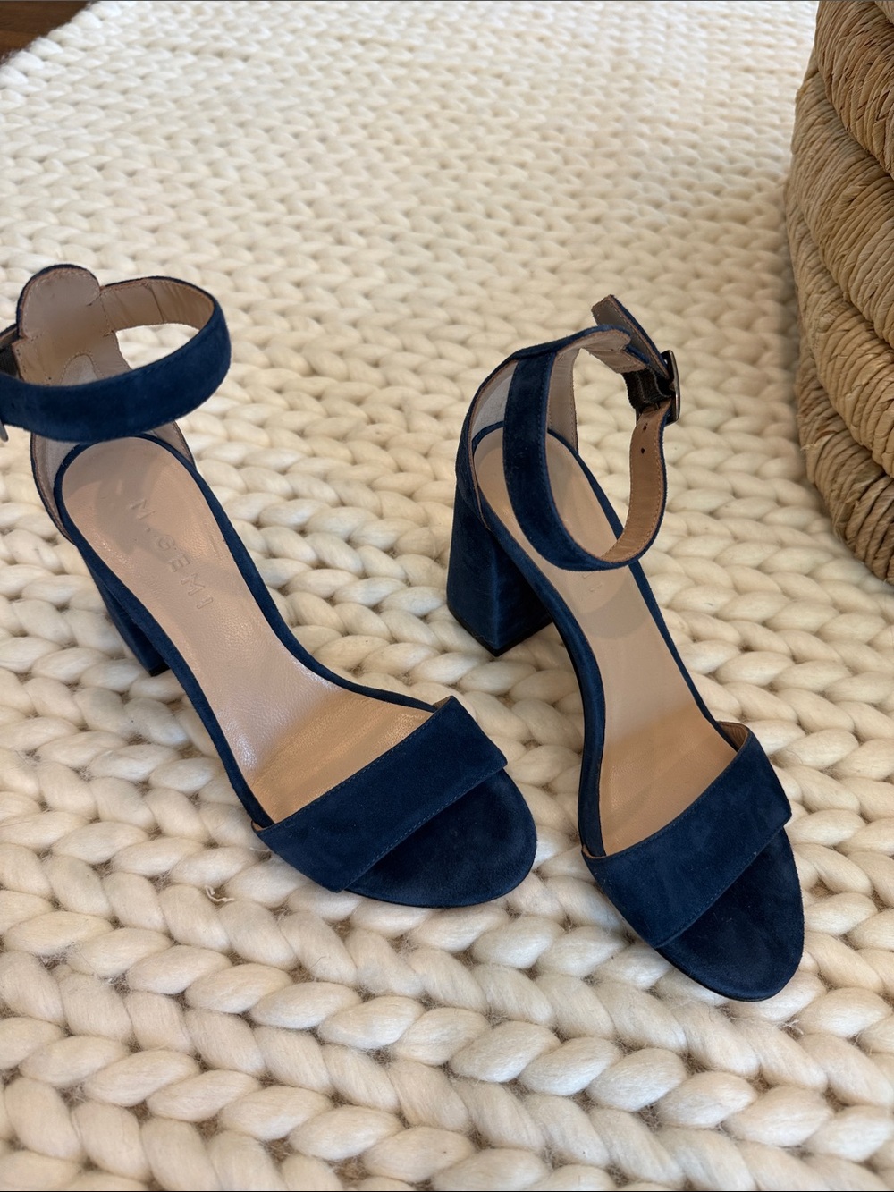 Navy Suede Block Heel Sandals with Ankle Strap